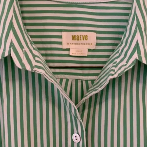 Anthropologie Maeve Buttondown Shirt Striped Clarise Cap Sleeve Green Top Size M - Picture 5 of 6